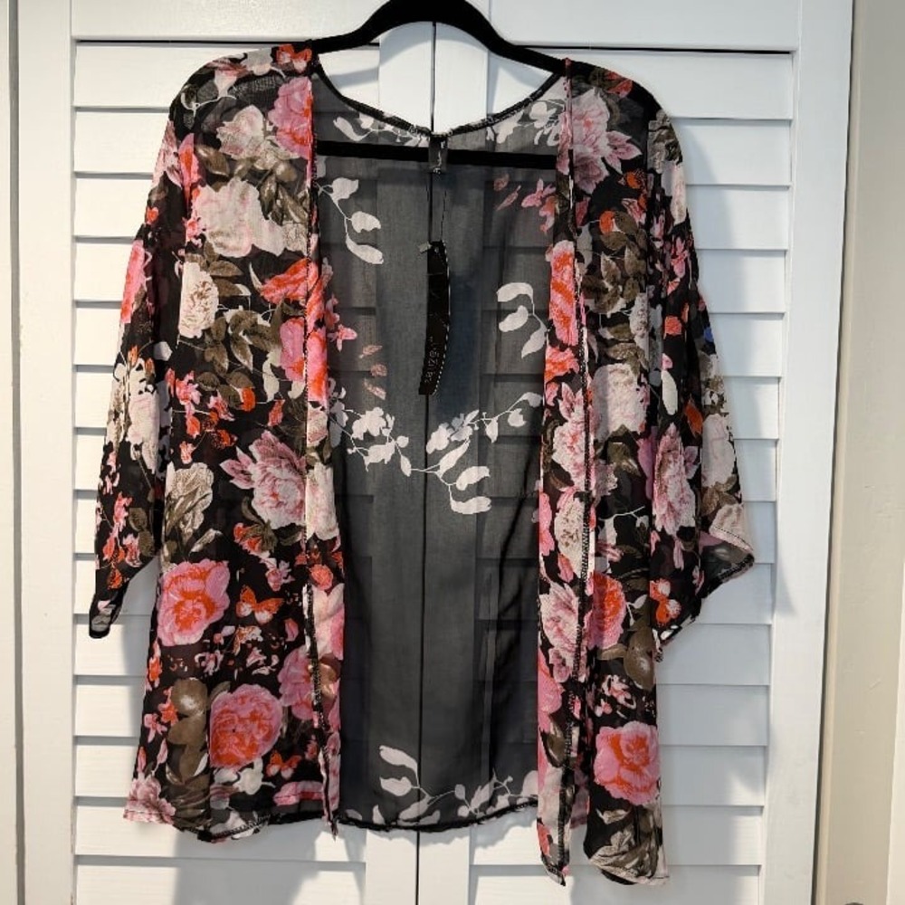 Zanzea Collection Women's Floral Sheer Kimono Cardigan Black‎ Pink XXL NWT